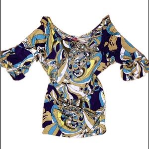 Apple Bottoms Cold-Shoulder Abstract Tunic in Blue, Yellow and White